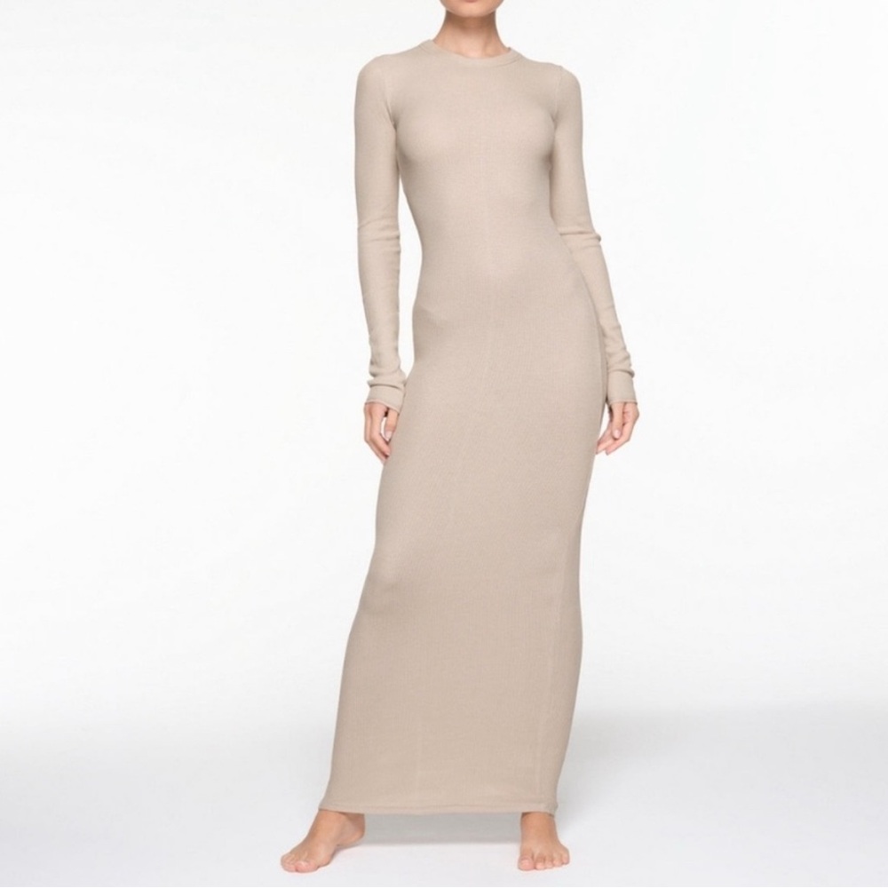 Skims waffle long sleeve dress in stone